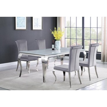 115081 Stainless Steel Dining W/Glass Top Table & Grey Velvet Side Chairs By Coaster Furniture