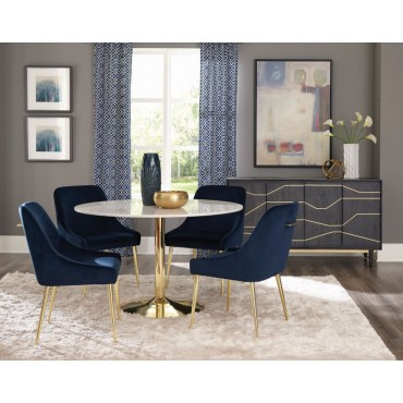 192061 Modern Classic Dining Set Brass & Blue Velvet Chairs by Coaster Furniture